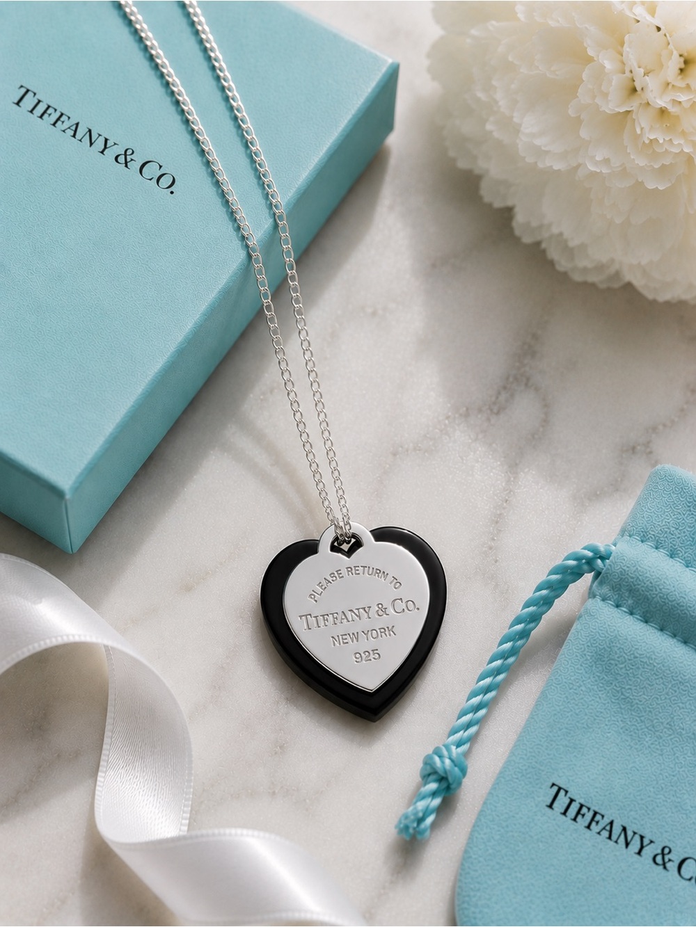 Tiffany & Co. Return To Tiffany Onyx & Silver Double Heart Pendant Necklace 18”